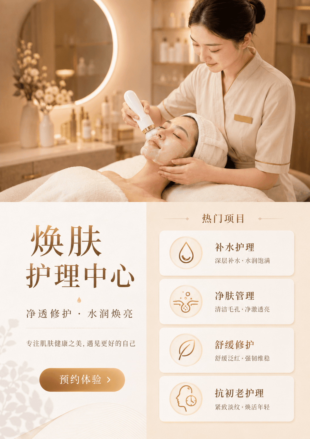 奶油香槟 · 焕肤护理中心模板预览